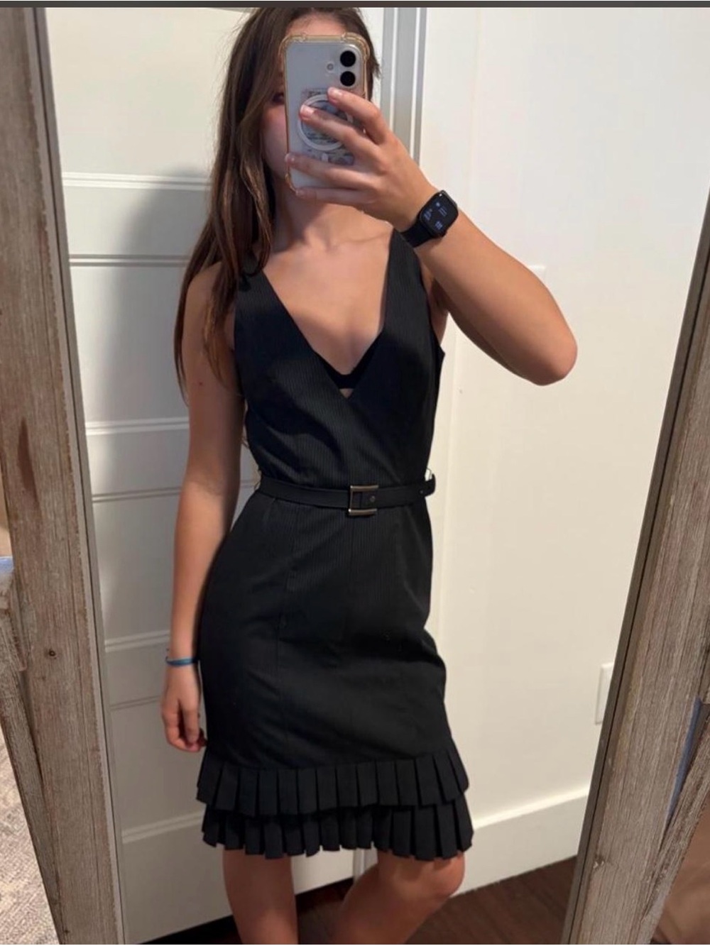 bebe Black Pinstripe Asymmetrical V-Neck Dress with Belt